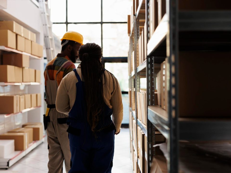warehouse employees inspecting shipping prices