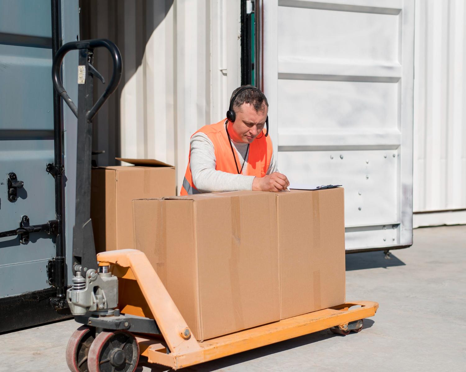 shipping worker loading furniture into shipping container